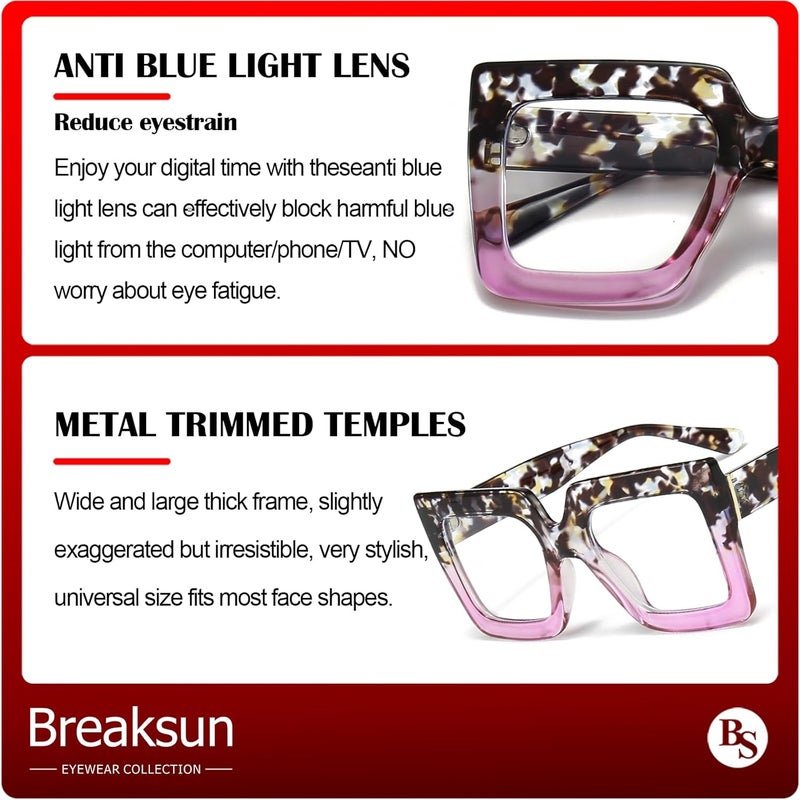 Breaksun Oversized Blue Light Glasses for Women Fashion Thick Square Computer Eyewear Non-Prescription Black Glasses (Floral Gradient Purple) - Image 4